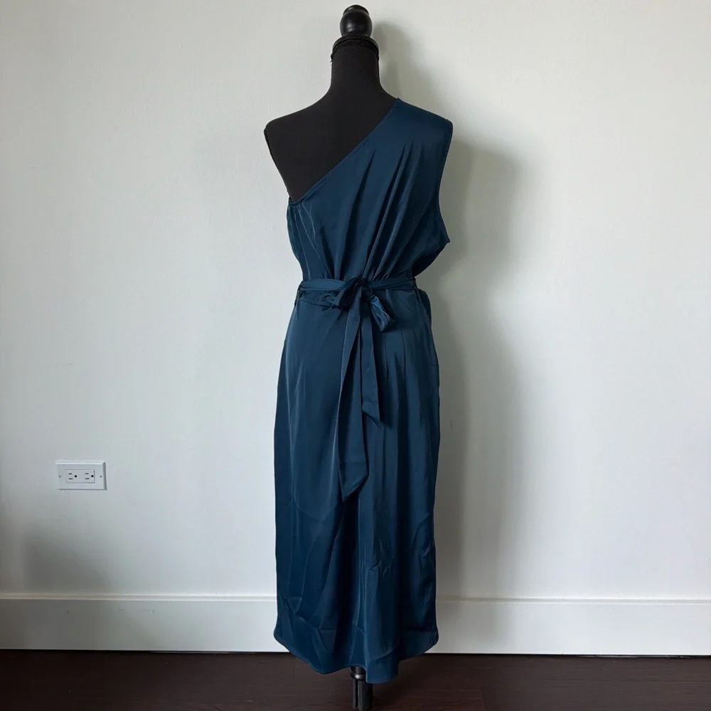 One-Shoulder Teal Blue Satin Dress - Picture 4 of 7